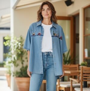 Vintage Faded Glory Denim Shirt Teddy Bear Embroidery XL Oversized